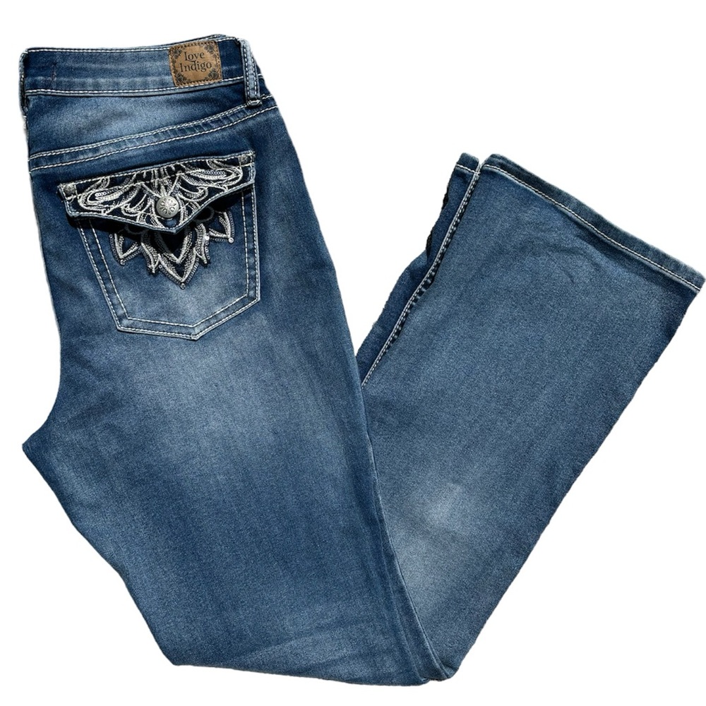 Love Indigo Women's Boot Cut Embroidery Rhinestone Sparkle Stretch Jeans Size 10